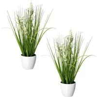 Kunstgras Blüten-Gras-Mix, Creativ green, Höhe 41 cm, in weißer Kunststoffschale