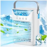 MOPUEA Ventilatorkombigerät Luftkühler Ventilator, 4-in-1-Kühlgebläse mit Sprühnebel, tragbar, Mini Klimaanlage 3 Stufen Timer 2–6h, LED-Licht, 7W, 700 ml Wassertank