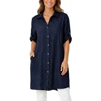 dy_mode Longbluse Damen Leinen Longbluse Sommer Hemdbluse Blusenkleid Luftige Tunika in Unifarbe, mit Knopfleiste