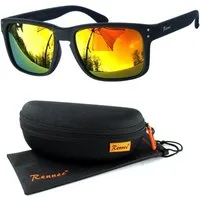 Rennec Sonnenbrille Herren Orange Verspiegelt Rechteckig Schwarz Matt 3in2 Bügelgelenke, Markenbrille mit Hardcase