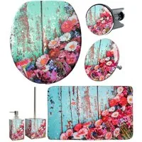 Sanilo Badaccessoire-Set 6-teilig Spring, WC-Sitz mit Absenkautomatik, Badteppich 70 x 110 cm, Waschbeckenstöpsel, Badewannenstöpsel, Seifenspender, WC-Bürste, 6 tlg., hochwertig & modern, universell, leichte Montage