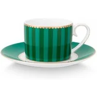 PiP Studio Tasse Espressotasse mit Untertasse Love Birds Stripes Emerald Grün (2-teilig