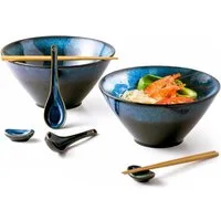 LuxusKollektion Suppenschüssel Ramen Schüssel Set Keramik 2L 2er Essstäbchen Blau 2l-blau