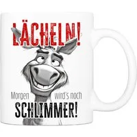 Cadouri Tasse mit Spruch 'Lächeln!' Kaffeetasse Büro Arbeit, Geschenk, Keramik, Kaffeebecher, Geschenkidee Arbeitskollege, lustig, Humor, 330 ml