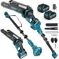Rinoxar Akku-Kettensäge 2-in-1 8" Teleskop-Kettensäge 1200W bürstenlos, 2xAkku, 4m Reichweite, 20 cm Schwertlänge, 2×4000mAh Akkus, Elektrisch Mini Chainsaw für Gartenscheren Holzschneidenz DIY