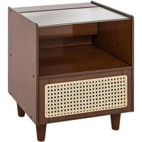 COSTWAY Nachttisch (1-St), mit Schublade und Glastischplatte, aus Bambus & Rattan