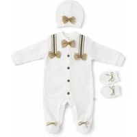 Lorey Medtec Neugeborenen-Geschenkset Jungen Set Strampler mit Fuß, Mütze, Fäustlinge, Weiß, 100% Baumwolle (Strampler + Mütze + Fäustlinge)