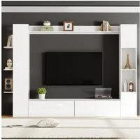 KLAM HOME Wohnwand 4-tlg. Kompaktwohnwand Weiß Hochglanz mit viel Stauraum für Wohnzimmer, (Wohnwand Set mit TV-Schrank, Vitrine & Aufbewahrungsschrank 228x170cm), Flexibles Wandmöbel mit wechselbarem Türanschlag & Acryl-Vitrine