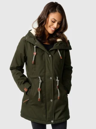 Navahoo Ireliaa Damen Parka – Windabweisende Winterjacke mit Teddyfell & Kapuze - Olive