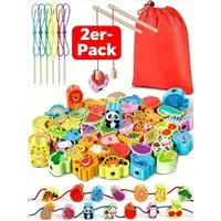 POPOLIC Lernspielzeug 2 in 1 Fädelspiel Montessori Spielzeug (46 Psc Magnetisches Angelspiel Spiele ab 2 3 Jahre - Obst GemüSe Tiere Holzspielzeug, 2-St), Lernspiele Motorikspielzeug Geschenk für Kinder