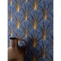 Newroom Vliestapete Vapore Blue Tapete Mustertapete Geometrische Muster,Fächer,Linien, Blau Tapete Modern Geometrische Muster - Mustertapete Retro Dunkelblau Gold Geometrisch Glamour Fächer Linien für Wohnzimmer Schlafzimmer Küche, Retro