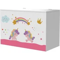 en.casa Spielzeugtruhe, »Oleiros« Einhorn-Motiv 40 x 60 x 30 cm Weiß/Rosa/Lila