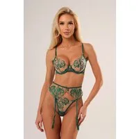 Elegant Love Set: Bügel-BH Sexy Dessous-Set mit floraler Stickerei – transparente Reizwäsche (Set, 3-tlg., BH + Strapsgürtel + String) Damenunterwäsche mit Strapsbändern – Lingerie für besondere Momente