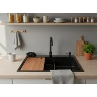 Faizee Home Edelstahlspüle Quantum Schwarz Edelstahlspüle 75x45 cm – Küchenspüle mit Zubehör