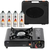 Mianova Gaskocher 1 flammig Campingkocher + 4 Gasflaschen + Koffer Gaskocher Notkocher, (Mit Gaskartuschen Barbecue Campingherd Stromausfall Notkocher Herd Tischgrill), Outdoor Camping Notfallkocher Herd Notfall für Kartuschen