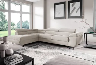 Ecksofa mit Schlaffunktion DECLAN Stoff Poso Altweiß Ottomane Links