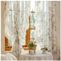 Diwzbyn Vorhang Kamelien-Blumenmuster-Vorhänge, Transparente Gardine mit Rüschenvolant, Boho-Vorhänge für Wohnzimmer und Schlafzimmer