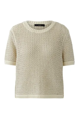 Oui - Kurzarm-Pullover mit Strukturmuster und Rundhalsausschnitt beige - Gr. - 40