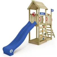 Wickey Spielturm JoyFlyer – Garten-Klettergerüst mit Wellenrutsche & Sandkasten, 10-Jahre Garantie*, Kletterwand mit Klettersteinen