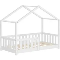 ML-DESIGN Spielbett Hausbett Kinderbett inkl. Lattenrost & Rausfallschutz Kinder Bodenbett, Abenteuerbett 70x140cm Haus Bett Himmelbett Kiefer Jugendbett Weiß