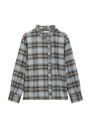 Marc OPolo Casual - Karierte Rüschenbluse relaxed Medium Blue - Gr. - 40