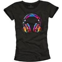MAKAYA Print-Shirt Damen Hipster Motiv Kopfhörer Bunt Hip Hop Outfit Musik Top (Schwarz, S, M, L, XL) mit Aufdruck