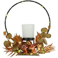 I.GE.A. Teelichthalter Teelichthalter mit Metall-Bogen LED-Licht (1 St), Herbstlich dekoriert Herbstlaub Eukalyptus Teelicht-Glas