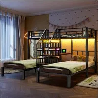 MODFU Etagenbett aus Eisen mit drei Liegeplätzen (Kinderbett,Integrierte Leiter,Schreibtisch,2 USB-Anschlüsse & Stauraum), Metallbett LED-Beleuchtung, 90x200 cm, Ohne Matratze