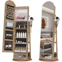 LVSOMT Schmuckschrank 360° Drehbar, LED Bogen Schmuckschrank mit Spiegel, 163x37cm Stehender Holzschrank mit 3-stufigem Regal