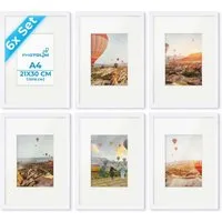 PHOTOLINI Bilderrahmen 6er Set 21x30 cm / A4 Poster-Rahmen mit Passepartout zum Aufhängen, für 6 Bilder (6er Set), MDF Holz, bruchsicheres Acrylglas & Zubehör, für Fotos & Poster