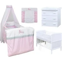 Baby-Delux Babyzimmer-Komplettset Babyzimmer 140x70 weiß Komplettset, (13-tlg), Babybett Wickelkommode Bettwäsche Set Komplettzimmer