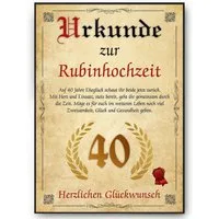 Tigerlino Poster Urkunde zum 40. Hochzeitstag Geschenk 40. Jahrestag Karte Ehepaar, Rubinhochzeit