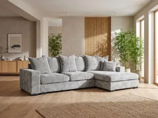 Ecksofa mit Schlaffunktion BENICIO Sofa in Stoff Flow Hellgrau Ottomane Rechts