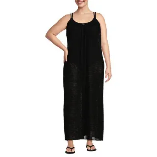 Durchscheinendes Ripp-Maxi-Strandkleid für Damen in Plus-Größe, Damen, size: plus, Schwarz, Viskose-Mischung/Polyester-Mischung, by Lands' End