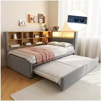 Merax Daybett 90x200cm mit Ausziehbett 90x190cm, Polsterbett Schlafsofa Tagesbett mit LED, Steckdosen und Ablagefächern