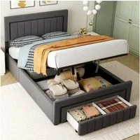 HAUSS SPOLE Polsterbett als Einzelbett und Doppelbett erhältlich,Stauraumbett mit Schubladen (140×200 Doppelbett Boxspringbett Jugendbett mit Stauraum und Lattenrostkonstruktion), Funktionbett mit Lattenrostkonstruktion,mit Matratze