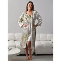 Elegant Love Morgenmantel Satin Pyjama-Set 2-tlg., Damen-Loungewear & Nachtwäsche, Robe + Unterkleid, Gürtel, Negligee mit wasserfallausschnitt