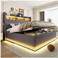 Merax Polsterbett mit LED-Leuchten und USB (1-tlg., Hydraulisches Stauraumbett Mehrzweckbett), Doppelbett 180x200cm mit hydraulischem Stauraum & Ablagefächern,Leinen