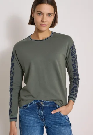 CECIL - Langarm Shirt mit Rundhals und Leo-Details dried olive green - Gr. - M