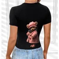 RMK Kurzarmshirt Damen T-Shirt kurzarm Top Sommer Rundhals süßer Teddybär Bär Brille aus Baumwolle