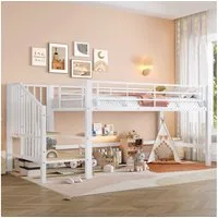 Flieks Hochbett Metallbett Kinderbett 90x200cm mit Treppe und Rausfallschutz