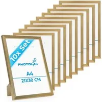 PHOTOLINI Bilderrahmen 10er Set modern mit bruchsicherem Acrylglas, Holz MDF, Fotos & Poster, für 10 Bilder (10er Set), Posterrahmen A4 21x30 cm Gold zum Aufhängen & Aufstellen