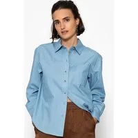 SASSYCLASSY Langarmbluse Lässige Denim Hemdbluse mit Brusttasche für Damen Modernes Blusenhemd mit Knopfleiste und Manschetten aus Baumwolle