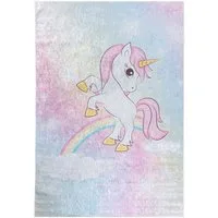 Mazovia Kinderteppich Kinderteppich Kinderzimmerteppich Einhorn, 80 x 150 cm, Kurflor, Waschbar in Waschmaschine, Höhe 5 mm, Rutschfest