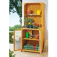 metra-direkt Gartentisch Gartenschrank mit Regalaufsatz - Arbeitsfläche aus Metall, Verzinkte Arbeitsfläche, Wasserabweisendes Holz
