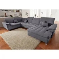 DOMO collection Wohnlandschaft FRANZI optional mit Bettfunktion, Bettkasten & Kopfteilverstellung, XXL-Sofa, U-Form, Recamiere rechts, dunkelgrau, B/T: 352/214 cm