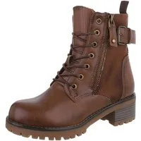 Ital-Design Damen Stiefel mit Reißverschluss und Schnürung Schnürstiefelette (90542907) Blockabsatz Stiefeletten in Camel