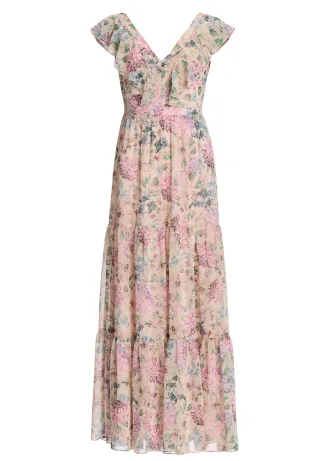 SWING - Maxikleid aus floral bedrucktem Chiffon mit Rüschen und Volants rose/multi