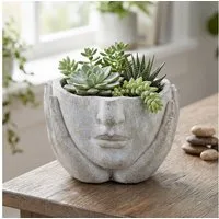 Levandeo® Blumentopf Blumentopf Gesicht Pflanztopf Beton Grau 12x16cm Vintage Dekotopf Kopf