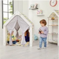 COZYCOLLECTIONS Spielzelt Montessori Spielhaus Holz weiß, mit Stoffzelt – gelb/grau (Kinder-Spielhaus / Spielzelt aus Holz (1-teiliges Set), 1-tlg., 1 Spielhaus aus Holz inkl. abnehmbarem Stoffbezug (Tür & Fenster) Montessori-Spielhaus: waschbarer Be